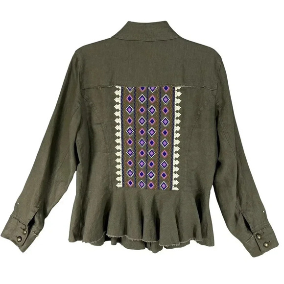 INC International Concepts Womens L Green Linen Embroidered Jacket Peplum Hem - Picture 2 of 16